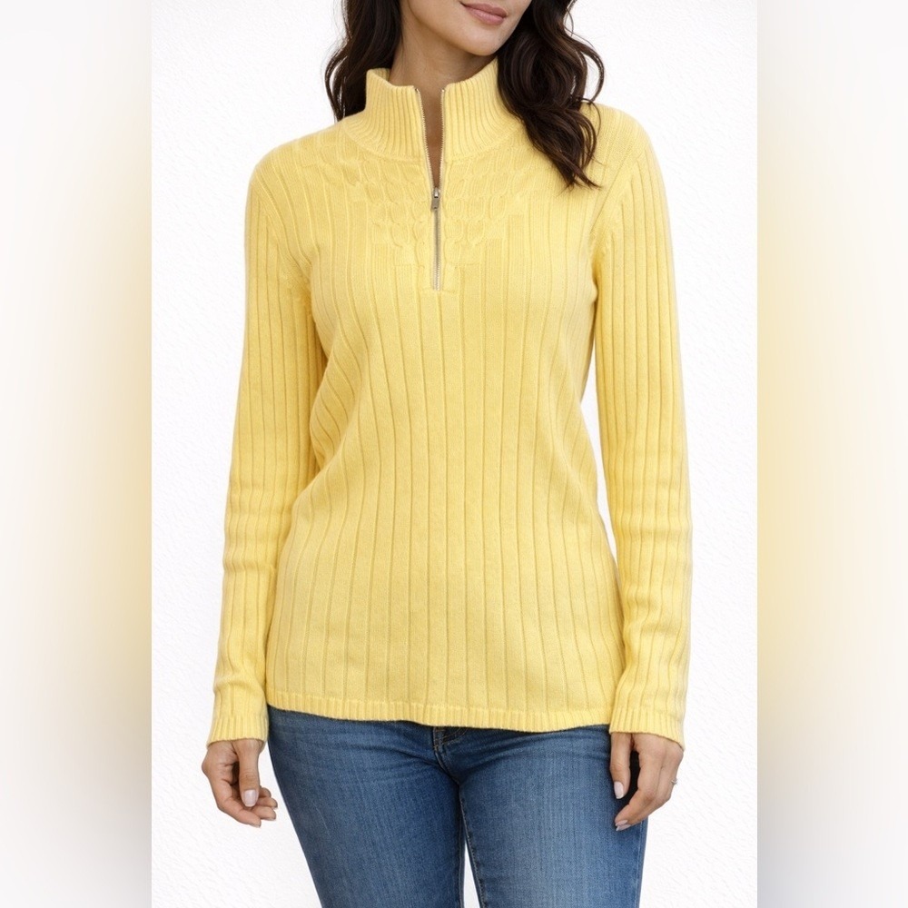 Liz Claiborne Yellow Ribbed Cotton Quarter Zip Mock Neck Sweater Large